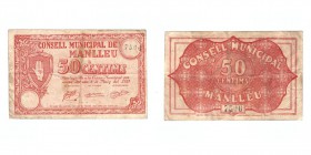 50 Céntimos. Manlleu (Barcelona), C.M. 1 Mayo 1937. Sello en seco. Escaso. BC