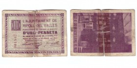 1 Peseta. Ripoll del Valles (Barcelona), Ay. 21 Abril 1937. Pegado con celo, si no BC+