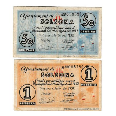 Solsona (Lérida), Ay. Lote de 2 billetes. 50 Céntimos y Peseta. 1 Septiembre 193...