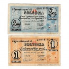 Solsona (Lérida), Ay. Lote de 2 billetes. 50 Céntimos y Peseta. 1 Septiembre 1937. Algo sucios, si no BC+