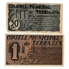 Terrassa (Barcelona), C.M. Lote de 2 billetes. 50 Céntimos y Peseta. Mayo 1937. Con sello en seco. MBC+ a BC+