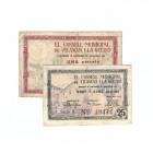 Vilanova y La Geltrú (Barcelona), C.M. Lote de 2 billetes. 25 Céntimos y 1 Peseta. Mayo 1937. Serie A. Sello en seco. MBC+ a BC+