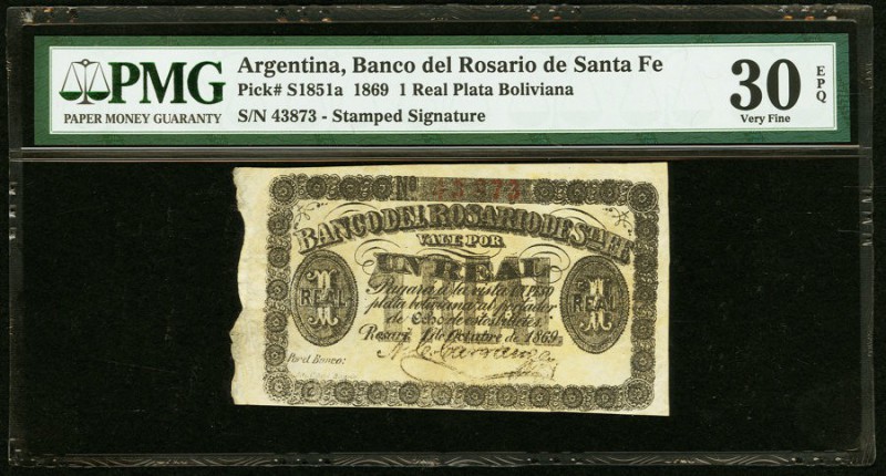 Argentina Banco del Rosario de Santa Fe 1 Real Plata Boliviana 1869 Pick S1851a ...