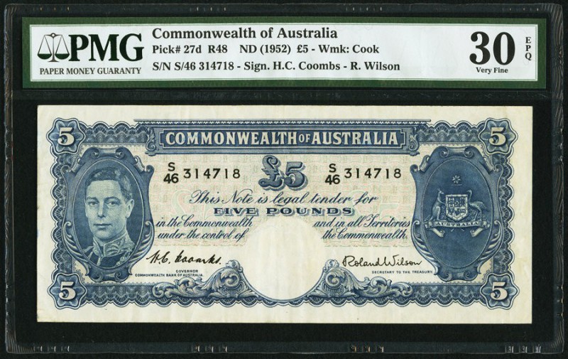 Australia Commonwealth of Australia 5 Pounds ND (1953) Pick 27d PMG Very Fine 30...