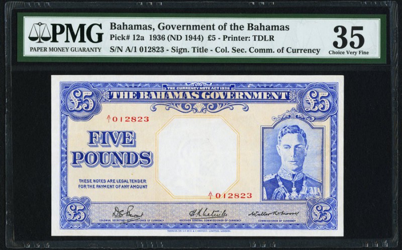 Bahamas Bahamas Government 5 Pounds 1936 (ND 1944) Pick 12a PMG Choice Very Fine...