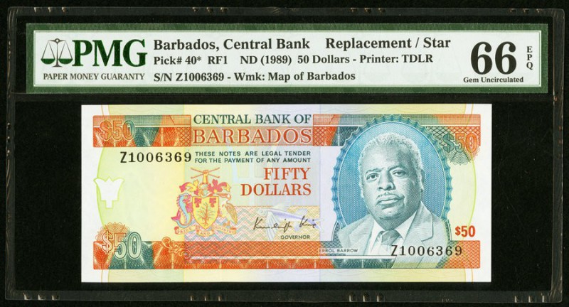 Barbados Central Bank 50 Dollars ND (1989) Pick 40* Replacement PMG Gem Uncircul...