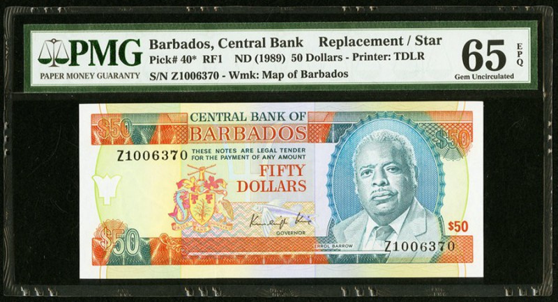 Barbados Central Bank 50 Dollars ND (1989) Pick 40* Replacement PMG Gem Uncircul...