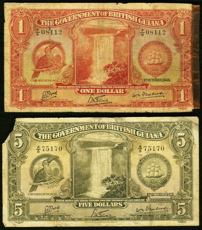 British Guiana Government of British Guiana $1; $5 1.10.1938 Pick 12b; 14a Very ...
