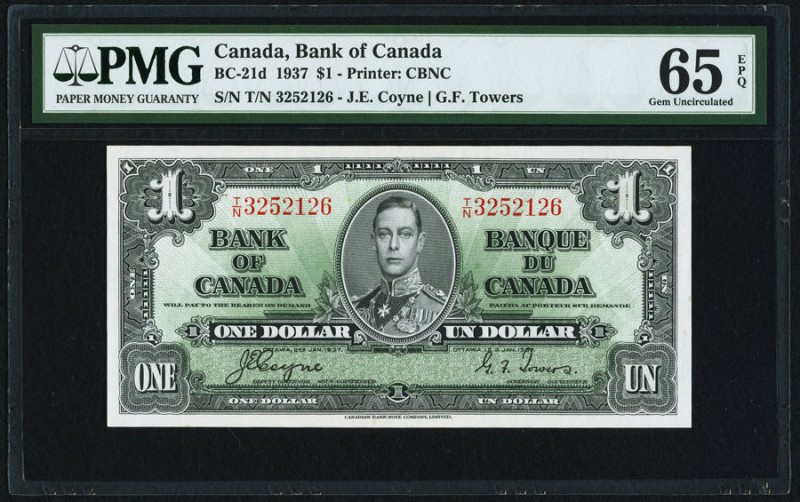 Canada Bank of Canada $1 2.1.1937 Pick BC-21d PMG Gem Uncirculated 65 EPQ. 

HID...