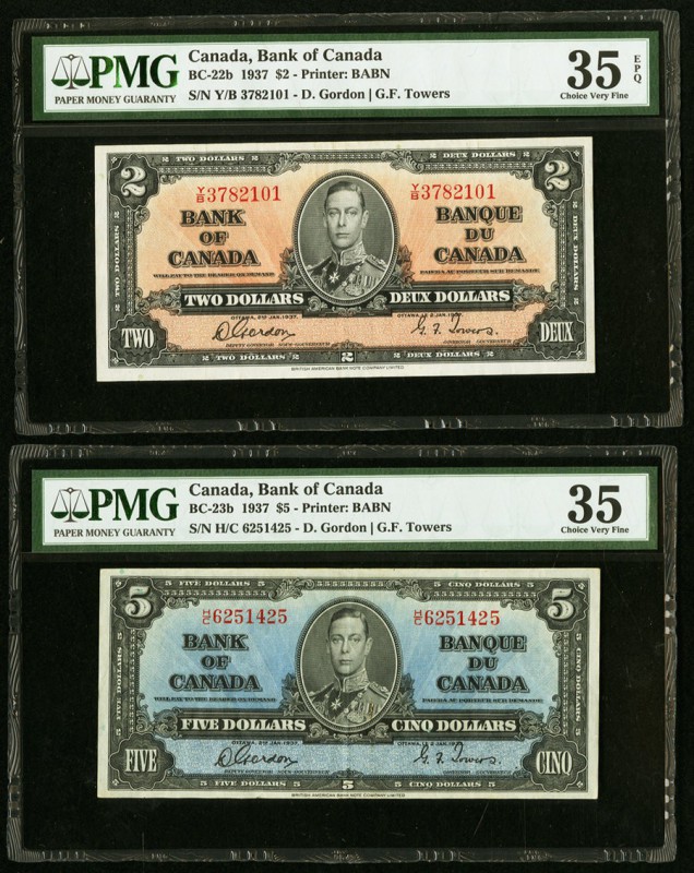 Canada Bank of Canada $2; $5 2.1.1937 BC-22b; BC-23b Two Examples PMG Choice Ver...