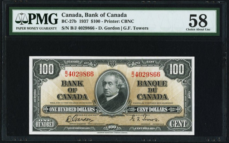Canada Bank of Canada $100 2.1.1937 BC-27b PMG Choice About Unc 58. 

HID0980124...