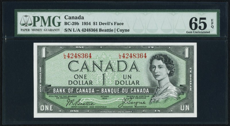 Canada Bank of Canada $1 1954 BC-29b "Devil's Face" PMG Gem Uncirculated 65 EPQ....