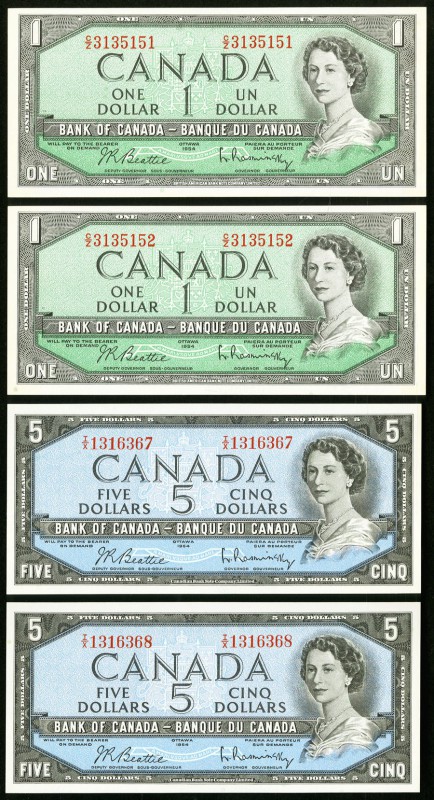 Canada Bank of Canada Group Lot of 1954 $1 and $5 Consecutive Pairs Crisp Uncirc...
