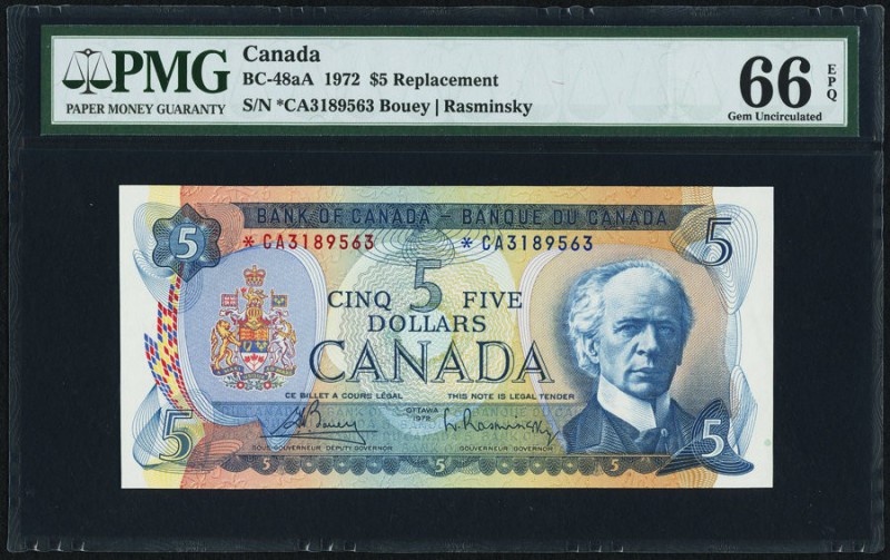 Canada Bank of Canada $5 1972 BC-48aA Replacement PMG Gem Uncirculated 66 EPQ. 
...