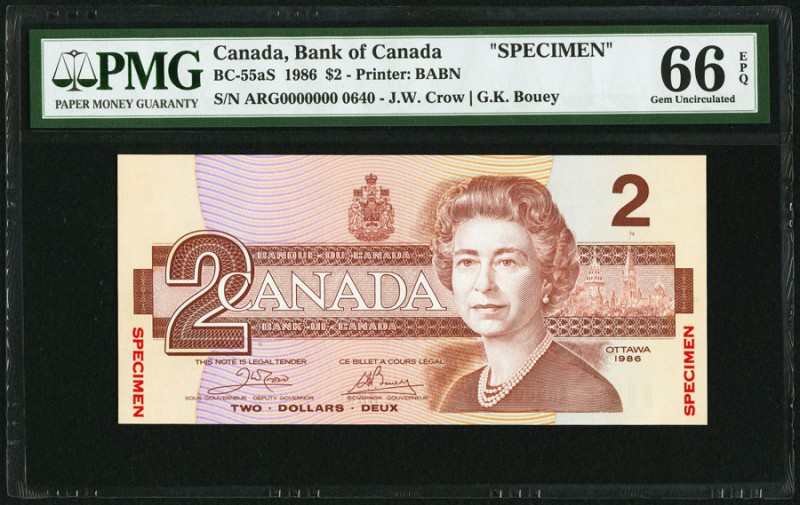 Canada Bank of Canada $2 1986 BC-55aS Specimen PMG Gem Uncirculated 66 EPQ. 

HI...