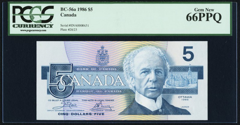 Canada Bank of Canada $5 1986 BC-56a PCGS Gem New 66PPQ. Low serial number.

HID...