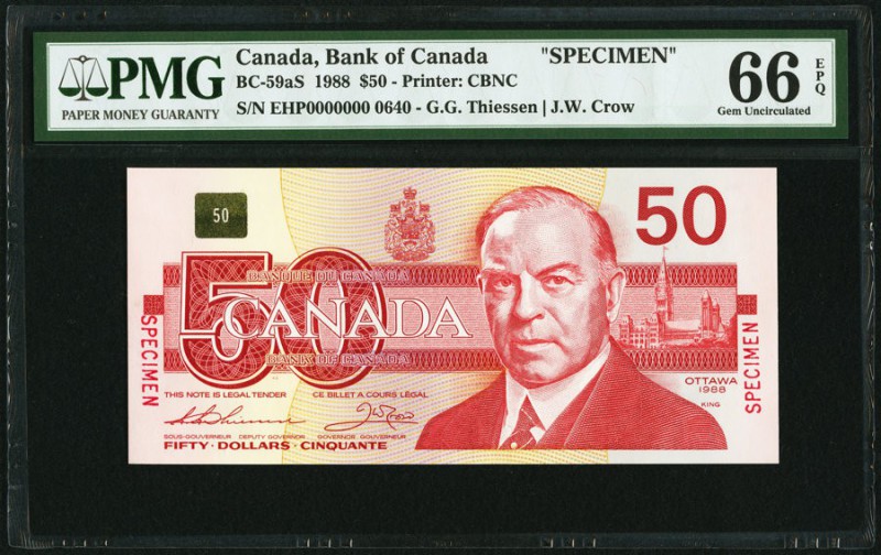Canada Bank of Canada $50 1988 BC-59aS Specimen PMG Gem Uncirculated 66 EPQ. 

H...