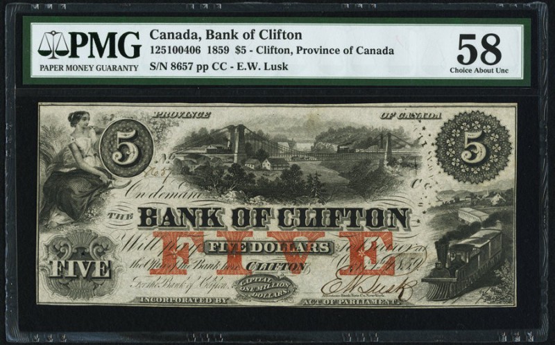 Canada Bank of Clifton $5 10.1.1859 Ch.# 125-10-04-06 PMG Choice About Unc 58. H...