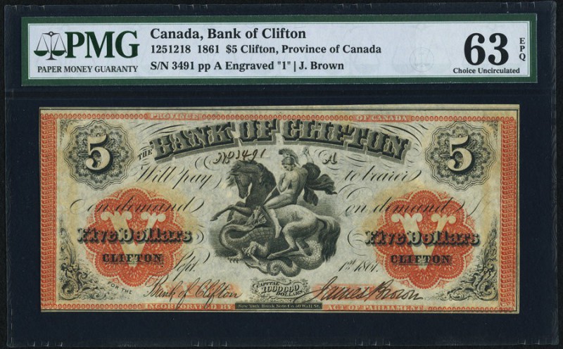 Canada Bank of Clifton $5 1.9.1861 Ch.# 125-12-18 PMG Choice Uncirculated 63 EPQ...
