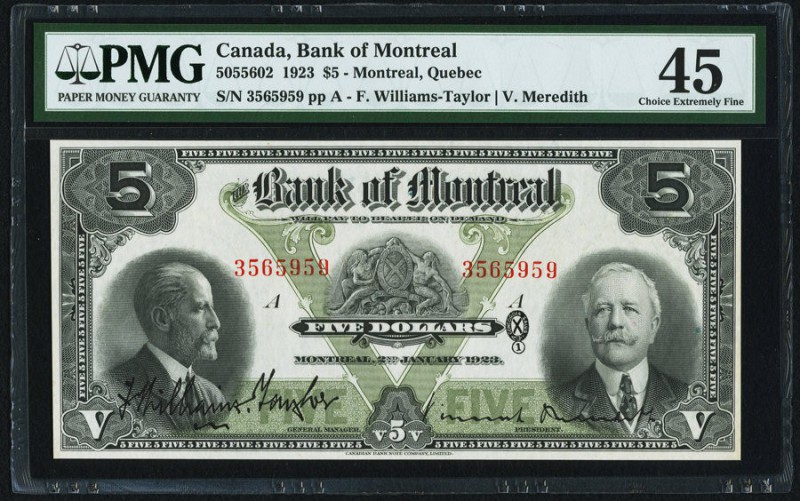 Canada Bank of Montreal $5 2.1.1923 Ch.# 505-56-02 PMG Choice Extremely Fine 45....