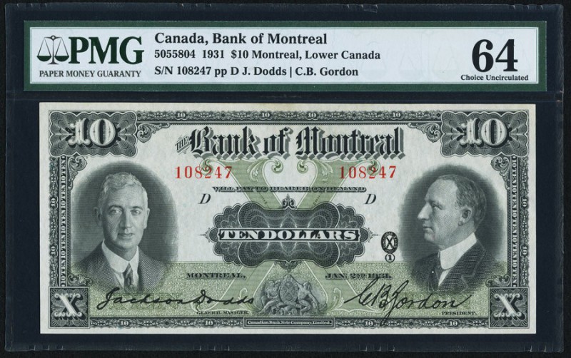 Canada Bank of Montreal $10 2.1.1931 Ch.# 505-58-04 PMG Choice Uncirculated 64. ...