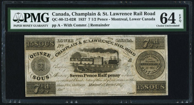 Canada Champlain & St. Lawrence Rail Road 7 1/2 Pence (15 Sous) QC-80-12-02R Rem...