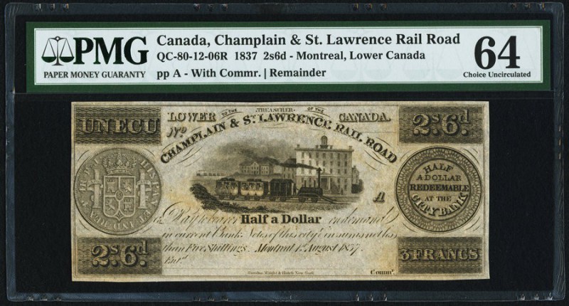 Canada Champlain & St. Lawrence Rail Road 2s 6d (3 Francs/1 Ecu) 1837 QC-80-12-0...