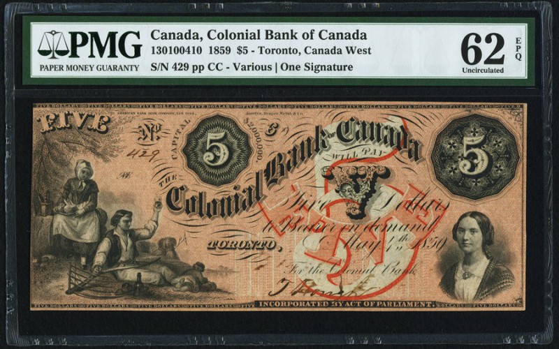 Canada Colonial Bank of Canada $5 4.5.1859 Ch.# 130-10-04-10 PMG Uncirculated 62...