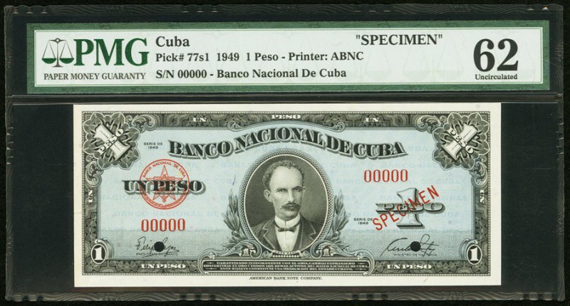 Cuba Banco Nacional de Cuba 1 Peso 1949 Pick 77s1 Specimen PMG Uncirculated 62. ...