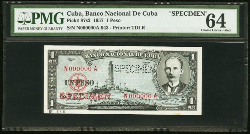 Cuba Banco Nacional de Cuba 1 Peso 1957 Pick 87s2 Specimen PMG Choice Uncirculat...