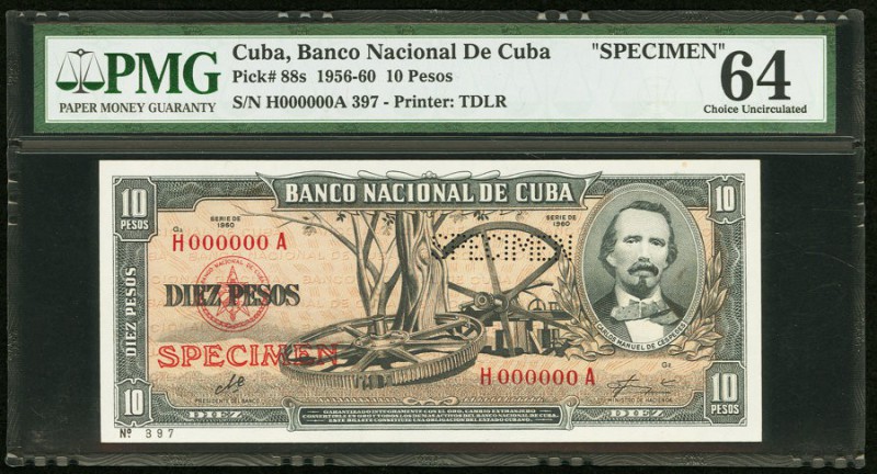 Cuba Banco Nacional de Cuba 10 Pesos 1960 Pick 88s3 Specimen PMG Choice Uncircul...