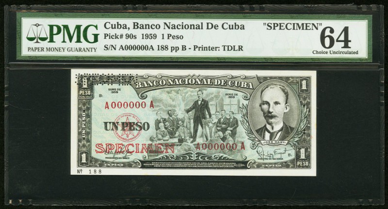 Cuba Banco Nacional de Cuba 1 Peso 1959 Pick 90s Specimen PMG Choice Uncirculate...