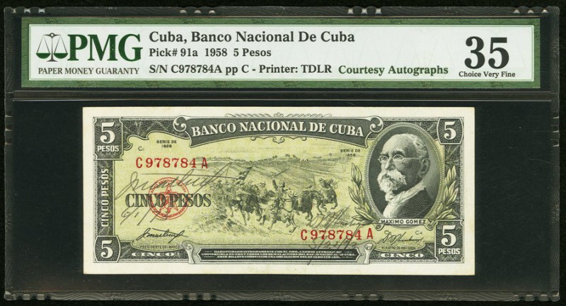 Cuba Banco Nacional de Cuba 5 Pesos 1958 Pick 91a Courtesy Autographs PMG Choice...