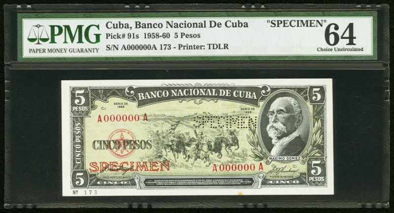 Cuba Banco Nacional de Cuba 5 Pesos 1958 Pick 91s Specimen PMG Choice Uncirculat...