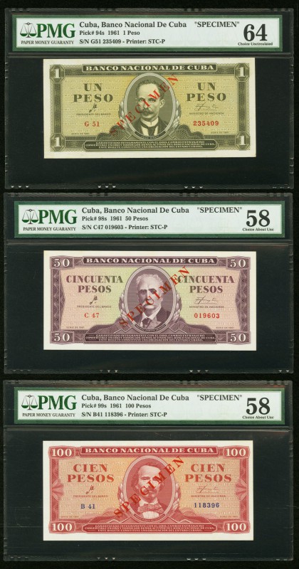 Cuba Banco Nacional de Cuba 1; 50; 100 Pesos 1961 Pick 94s; 98s; 99s Three Speci...