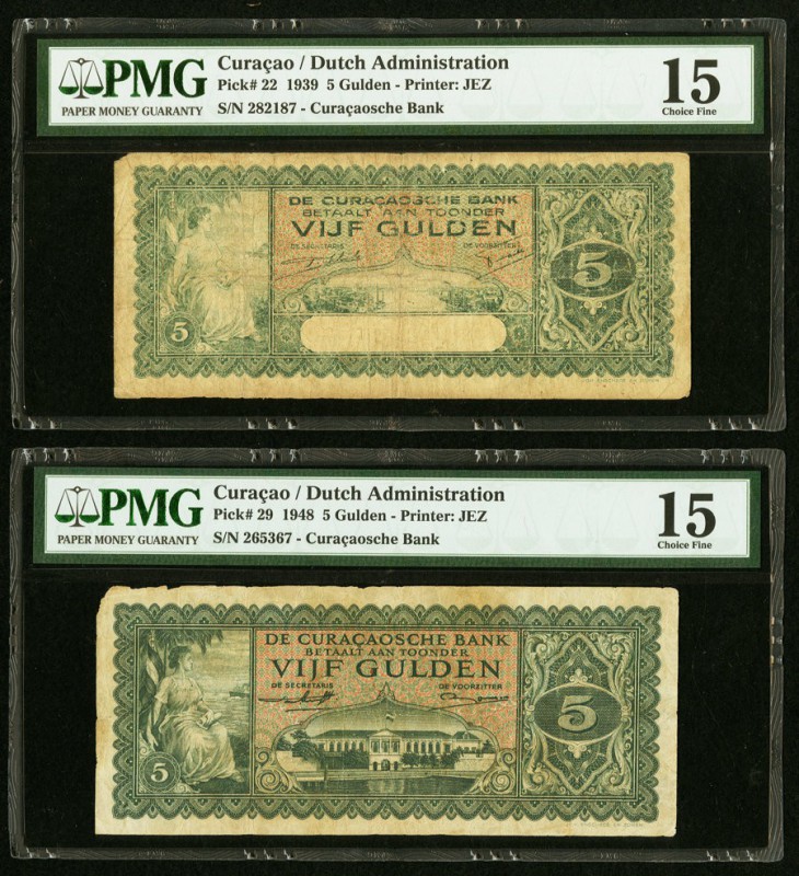 Curacao De Curacaosche Bank 5 Gulden 1939; 1948 Pick 22; 29 Two Examples PMG Cho...
