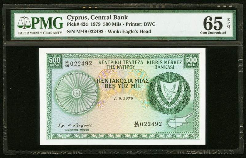 Cyprus Central Bank of Cyprus 500 Mils 1.9.1979 Pick 42c PMG Gem Uncirculated 65...