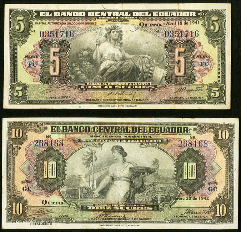 Ecuador Banco Central del Ecuador 5 Sucres 18.4.1941 Pick 91a; 10 Sucres 20.2.19...