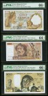 France Banque de France 100 (2); 500 Francs 1939-42; 1988-90; 1979-86 Pick 94; 154d; 156e Three Examples PMG Gem Uncirculated 66 EPQ(2); Choice Uncirc...