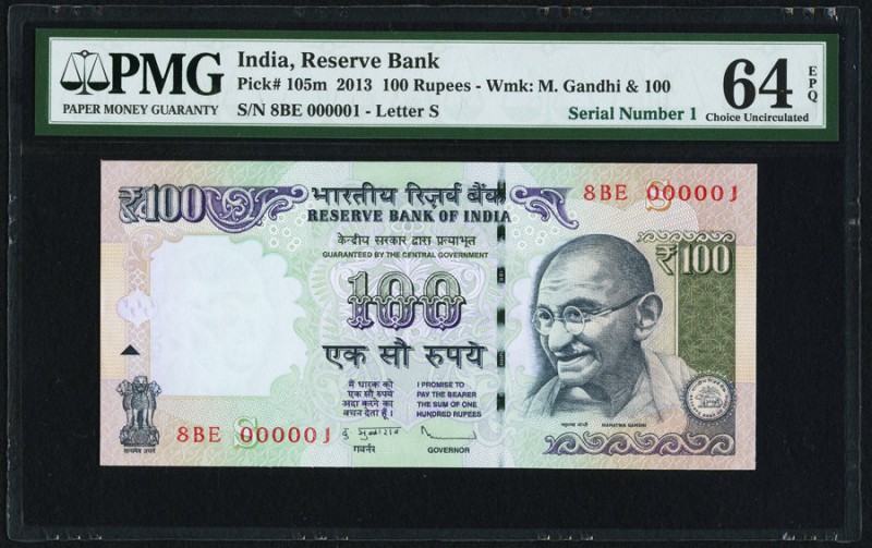 India Reserve Bank of India 100 Rupees 2013 Pick 105m Serial Number 1 PMG Choice...