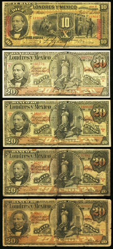 Mexico Londres y Mexico 10 Pesos; 20 Pesos Counterfeit; 20 Pesos (3) 1899-1913 M...