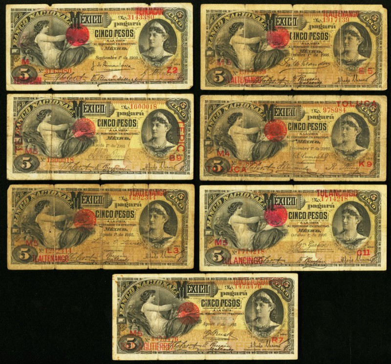 Mexico Banco Nacional de Mexico 5 Pesos 1902-09 M298aw; M298ax; M298az (2); M298...