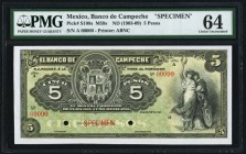Mexico Banco De Campeche 5 Pesos ND (1903-09) Pick S108s M59s Specimen PMG Choice Uncirculated 64. Two POCs.

HID09801242017