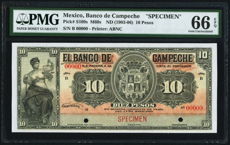 Mexico Banco de Campeche 10 Pesos ND (1903-06) Pick S109s M60s Specimen PMG Gem ...