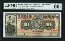 Mexico Banco de Campeche 10 Pesos ND (1903-06) Pick S109s M60s Specimen PMG Gem Uncirculated 66 EPQ. Two POCs.

HID09801242017
