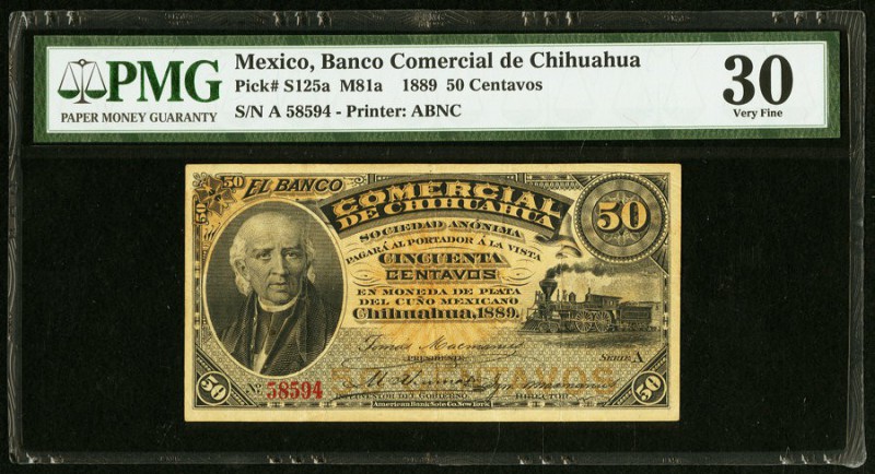 Mexico Banco Comercial de Chihuahua 50 Centavos 1889 Pick S125a M81a PMG Very Fi...