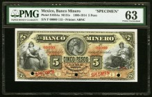 Mexico Banco Minero 5 Pesos 1898-1914 Pick S163As M131s Specimen PMG Choice Uncirculated 63. Three POCs; previously mounted.

HID09801242017