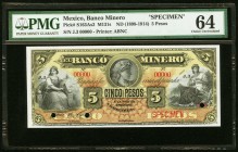 Mexico Banco Minero 5 Pesos ND (1898-1914) Pick S163As3 M131s Specimen PMG Choice Uncirculated 64. Three POCs; staple holes.

HID09801242017