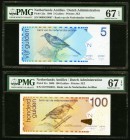 Netherlands Antilles Bank van de Nederlandse Antillen 5; 100 Gulden 1986; 2008 Pick 22a; 31e Two Examples PMG Superb Gem Unc 67 EPQ (2). 

HID09801242...