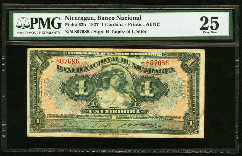 Nicaragua Banco Nacional de Nicaragua 1 Cordoba 1927 Pick 62b PMG Very Fine 25. ...